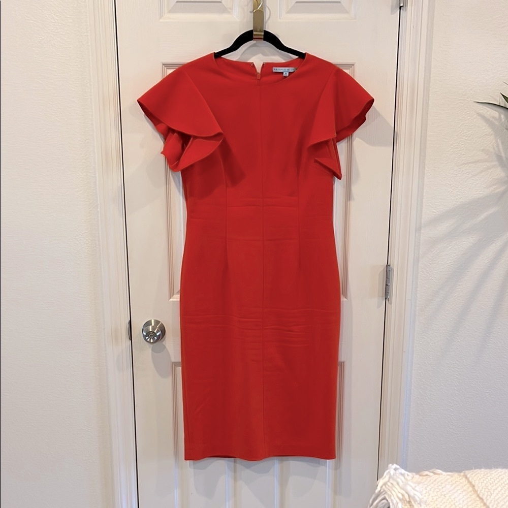 Antonio Melani Orange Sheath Midi Dress with Flutter Cap Sleeves